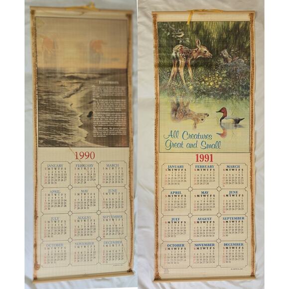 Giftco Bamboo Scroll Calendar Two-Sided 1990 1991 Wall Hang Footprints Deer Duck - Picture 1 of 16